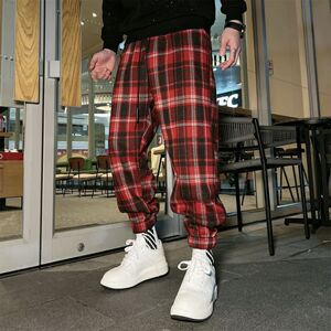 秋冬男士新款加绒加厚复古格子情侣款洋气格纹保暖休闲束脚哈伦裤
