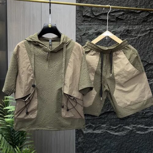 夏季款工装风泡泡格连帽休闲套装
