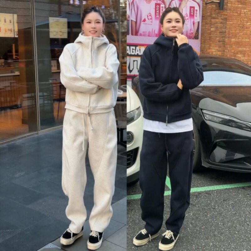 秋冬重磅结构连帽休闲套装男女款加绒加厚夹克外套直筒卫裤两件套