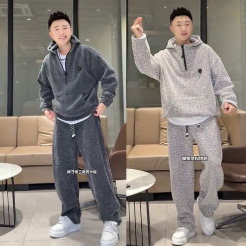 冬季加绒银丝斜条纹休闲运动套装