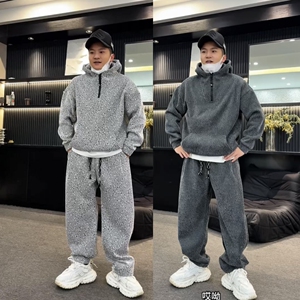 秋冬男士轻奢加绒加厚斜条纹连帽卫衣休闲运动套装时尚百搭两件套