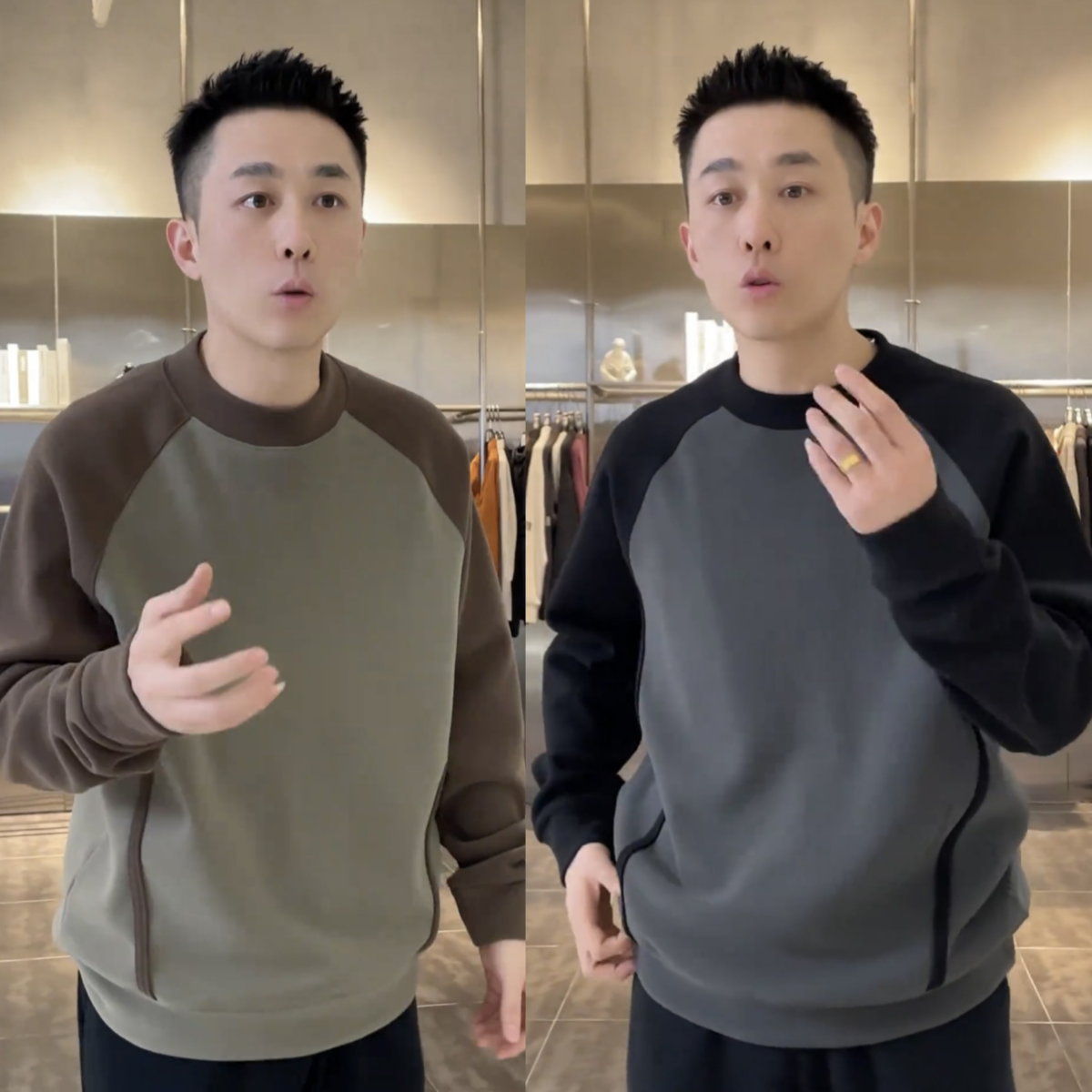 冬季拼接撞色加绒加厚圆领卫衣男