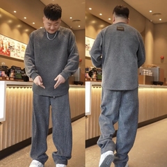 秋冬季加绒加厚斜条纹侧拉链休闲运动套装男女同款卫衣卫裤两件套