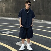 时尚 男士 百搭短袖 衬衫 两件套 2026美式 短裤 潮牌阳离子牛仔休闲套装