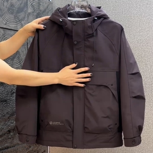秋冬季纯色大口袋工装棉服夹克男女款户外防寒保暖连帽冲锋衣外套