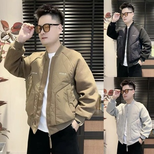 百搭防寒保暖夹克 加棉加厚拼接刺绣棒球领棉服外套时尚 秋冬季 男士