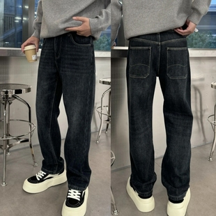 加绒加厚宽松显瘦保暖休闲裤 男士 潮牌复古水洗直筒牛仔裤 秋冬美式