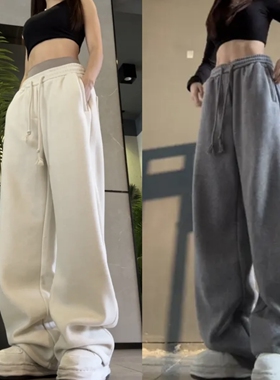 秋冬加绒加厚美式休闲运动直筒卫裤情侣款宽松显瘦弯刀香蕉阔腿裤