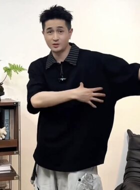 夏季潮牌拼接撞色蝙蝠袖POLO衫男