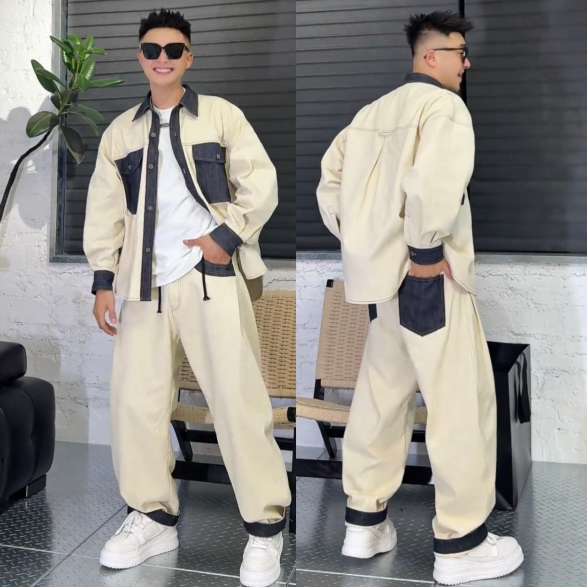 秋季潮牌层次感撞色拼接时尚套装男士百搭牛仔衬衫外套长裤两件套