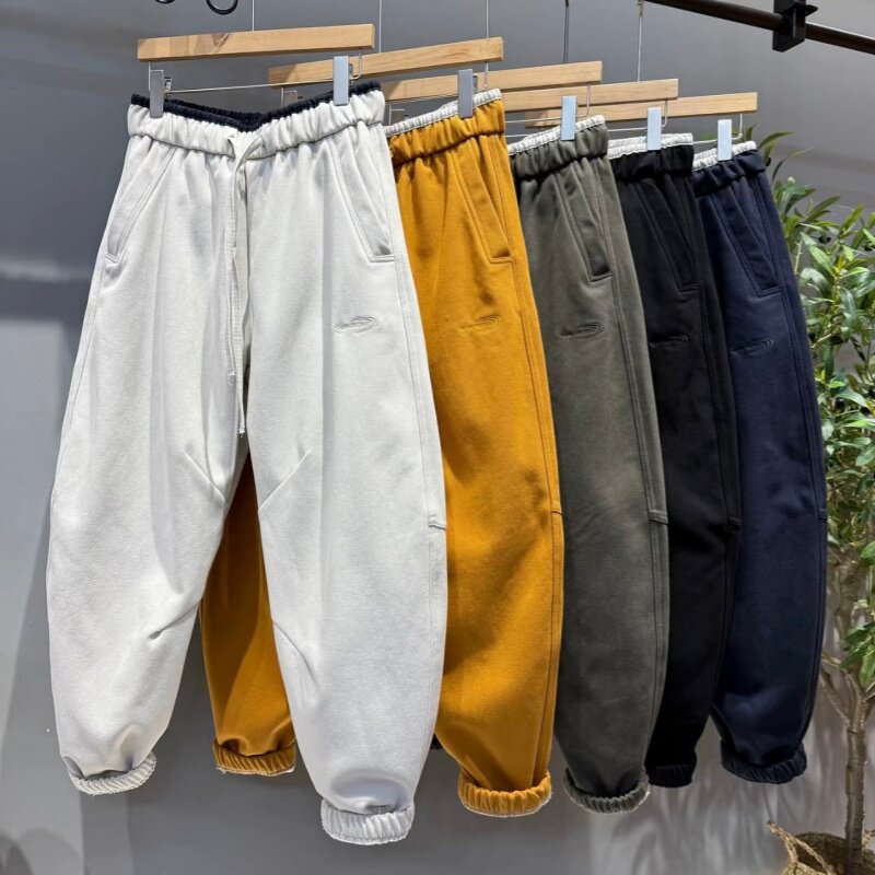 冬季重磅加绒加厚棉布弯刀休闲裤男士时尚百搭亲肤保暖束脚工装裤