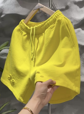 夏季美式潮牌糖果色破洞休闲短裤