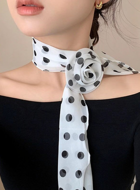 新款波点雪纺花朵时尚丝巾围巾两件套轻奢高级感毛衣链个性饰品女