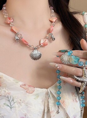 2026新款爆款不规则玻璃串珠项链度假风贝壳锁骨链夸张小众颈链女
