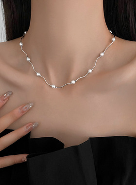 韩国东大门波浪百搭高亮珍珠项链女夏小众设计高级感锁骨链脖颈链