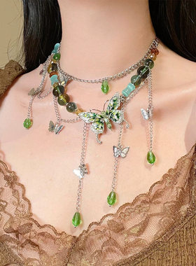 新款多层串珠镶钻滴油蝴蝶流项链轻奢时尚气质锁骨链个性百搭饰品