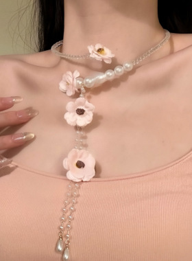 2026新款爆款粉色花朵珍珠流苏项圈百搭小众锁骨链春夏甜美项饰女