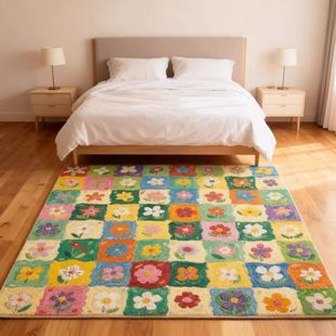 客厅地毯ins天鹅绒沙发毯多巴胺油画小花地垫奶油风卧室床边毯