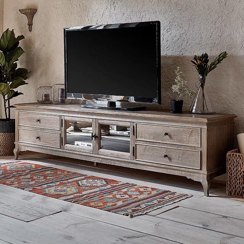 美式实木风化做旧客厅电视柜法式复古卧室落地储物地柜矮柜影视柜