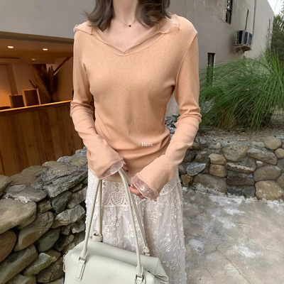 Hers一勺甜韩系简约气质网纱拼接V领针织小衫女春夏修身长袖T恤