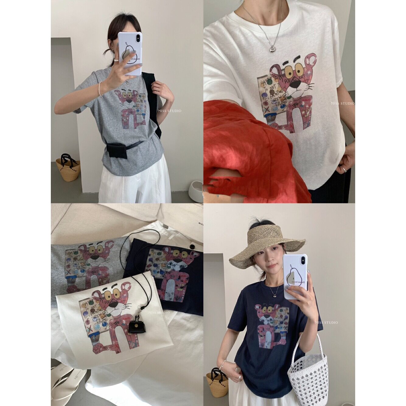 MISS STUDIO 2025夏韩版粉红豹T恤休闲简约印花宽松短袖T恤88978