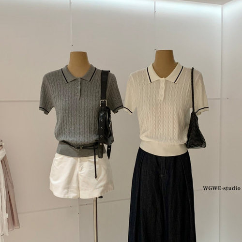 WGWE夏日女装韩系学院风撞色坑条修身显瘦POLO领短袖针织衫W10101