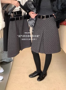 the limon柠檬绿茶秋冬韩系复古波点毛呢气质加厚半身裙(配腰带)