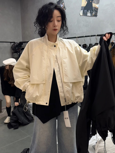 欧版极简风格纯色拼接宽松立领短外套女2025春季新款韩版时尚休闲