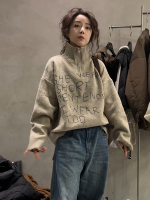 秋冬慵懒风日系独特字母设计感高领毛衣针织衫女宽松中长款上衣潮