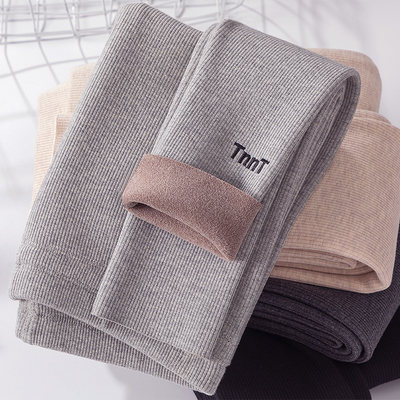 浅灰色春秋冬加厚螺纹保暖棉裤