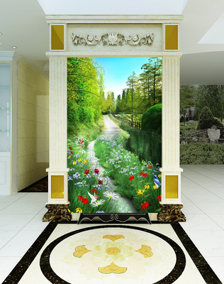 草地小路客厅玄关走道背景墙纸花朵森林拓展空间走廊壁纸无缝壁画
