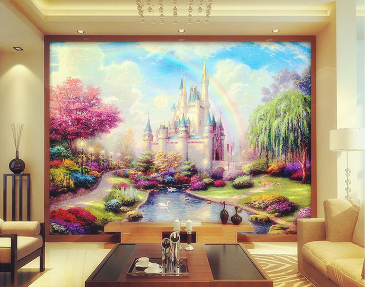 无缝不拼接手绘迪士尼童话城堡风景壁画卡通电视背景墙纸油画壁纸