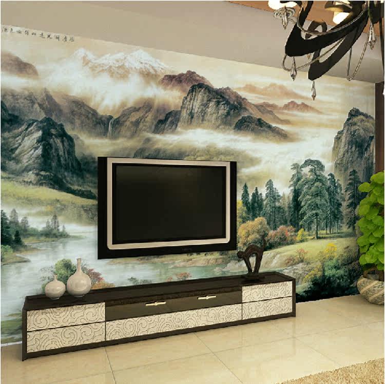 无缝定制山水墙布客厅沙发背景墙纸电视壁布中式现代国画山野壁画,家装主材,定制壁画,淘宝优惠券,粉丝福利购,淘宝优惠卷
