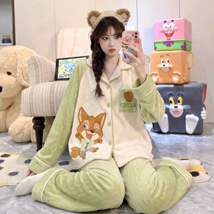 女士海岛绒睡衣加厚冬装中大童大码少女疯狂动物城尼克家居服套装