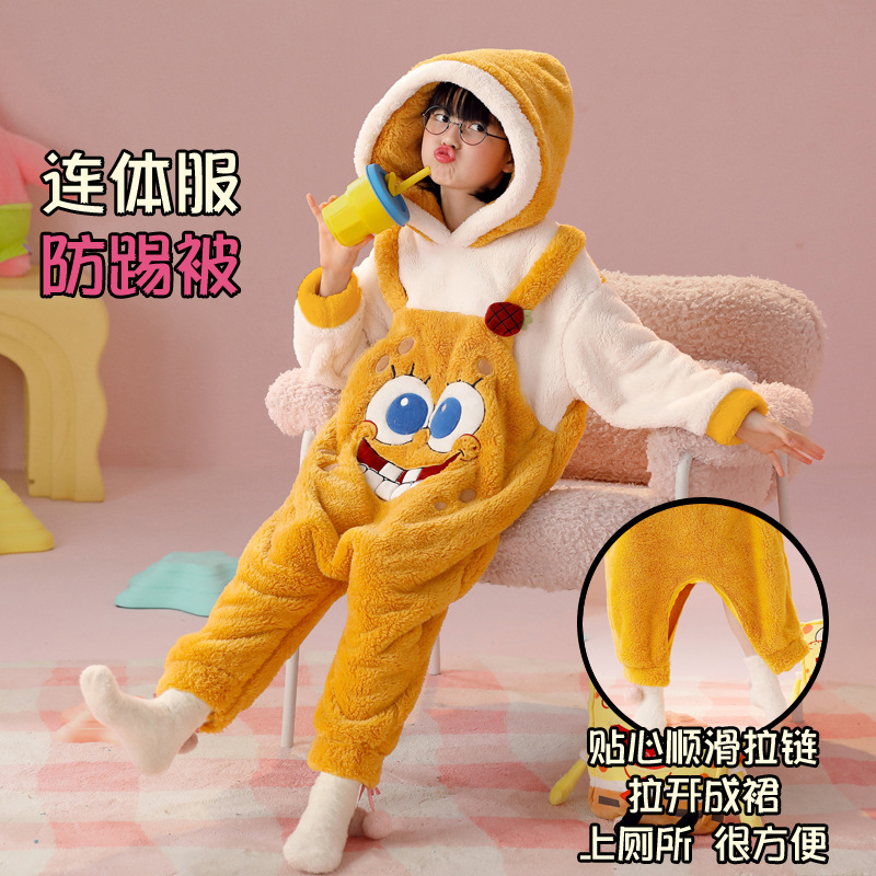 海绵宝宝儿童睡衣裤秋冬季加厚长毛绒4女孩6女童8睡袋3-5-7-9岁10