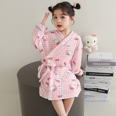 儿童睡衣女童睡袍HelloKitty凯蒂猫中大童胖童秋冬季加厚加绒薄绒