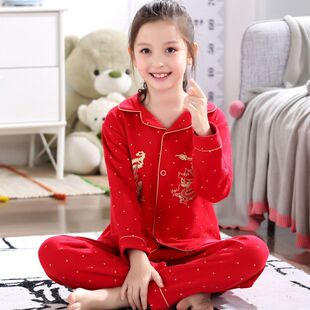 纯棉儿童睡衣春秋女孩子女宝宝胖童中大童大红色家居服套装本命年