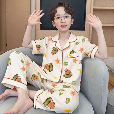 卡皮巴拉衣服睡衣睡裤春夏薄款开襟衫2025新款4岁6儿童8男孩9男童