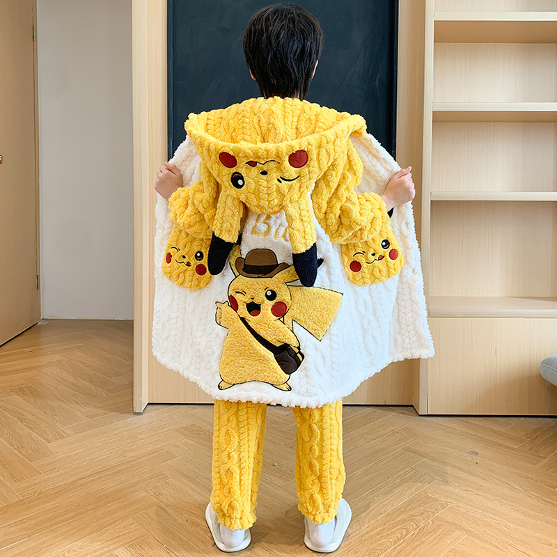 儿童睡衣男孩冬季宝可梦皮卡丘加厚款冬天中大童保暖中长款家居袍