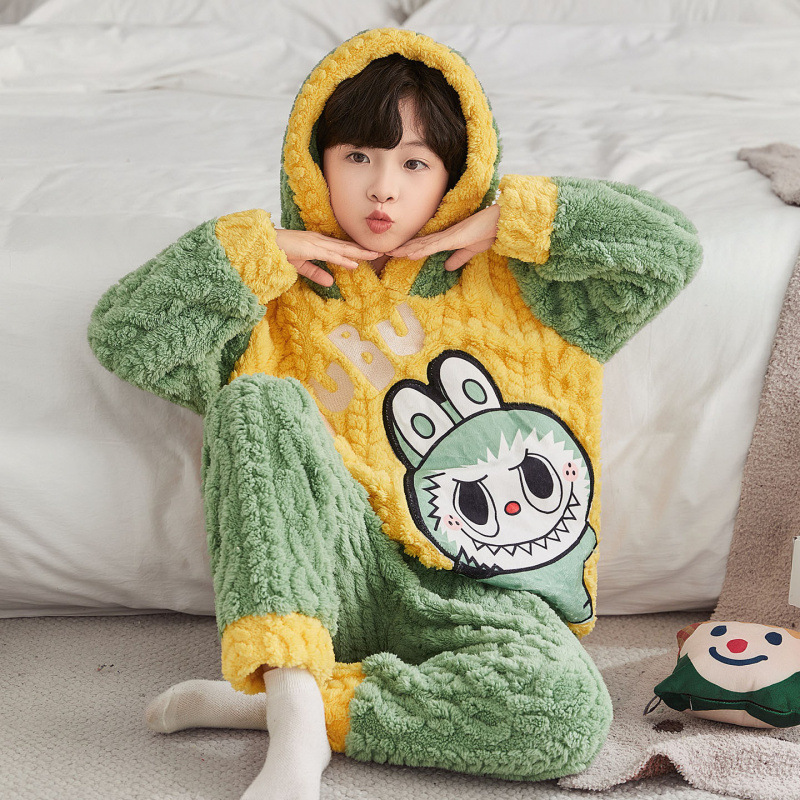 拉布布图案小朋友睡衣5小孩6保暖7儿童8大童10岁法莱绒冬装加厚款