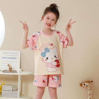 儿童睡衣女童HelloKitty卡通透气纯棉女孩夏季薄款短袖套头家居服