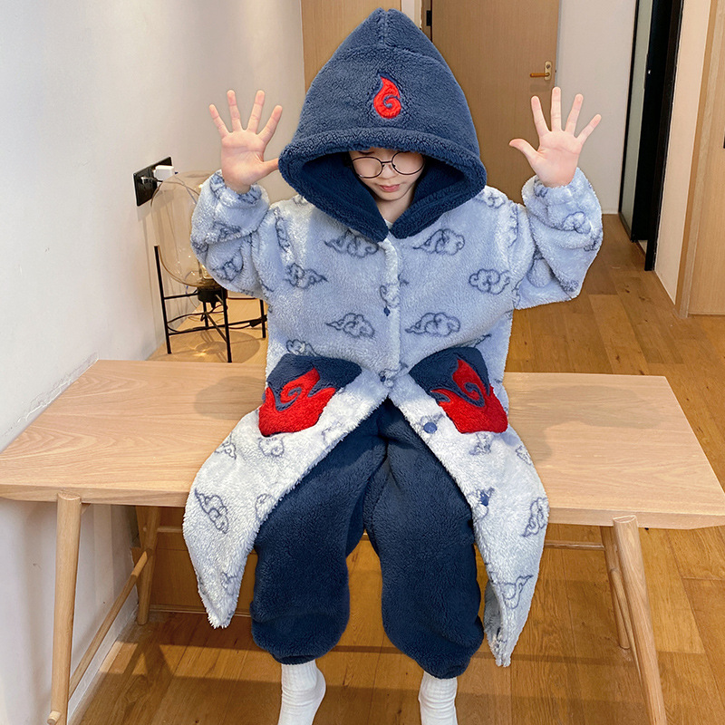 冬季厚款3-4-5-6-7-8-9-10岁男孩睡衣男童睡袍加厚法莱绒长款浴袍