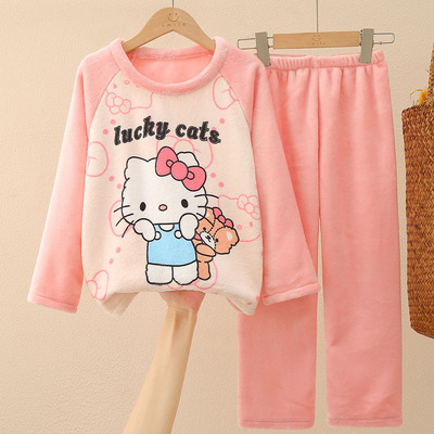 可爱女童儿童HelloKitty家居服秋冬天睡衣睡裤两件套珊瑚绒法兰绒