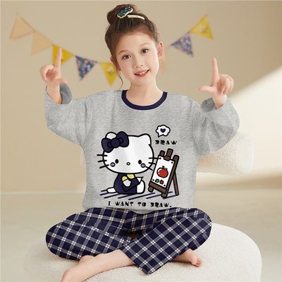 HelloKitty卡通KT猫图案3女宝5女童7女生9女孩11岁小朋友纯棉睡衣