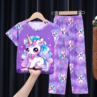 夏天女孩子小女孩儿童衣服睡衣短袖春秋季梦幻独角兽卡通家居服薄