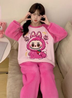 少女睡衣冬季法莱绒拉布布卡通大小孩家居服加厚款加绒款中大童装