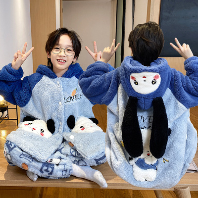 帕恰狗儿童睡衣睡袍男童套头冬加厚绒法兰绒珊瑚绒保暖开衫家居服