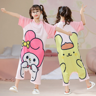 连身睡衣连体衣服春夏短袖长裤小女孩中大儿童冰丝绸美乐蒂布丁狗