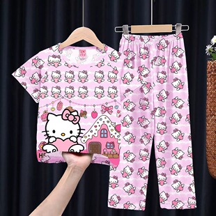 儿童HelloKitty睡衣睡裤女童夏短袖长裤小孩子凯蒂猫春秋家居套装