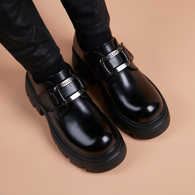 工装鞋男英伦风厚底增高圆头皮鞋
